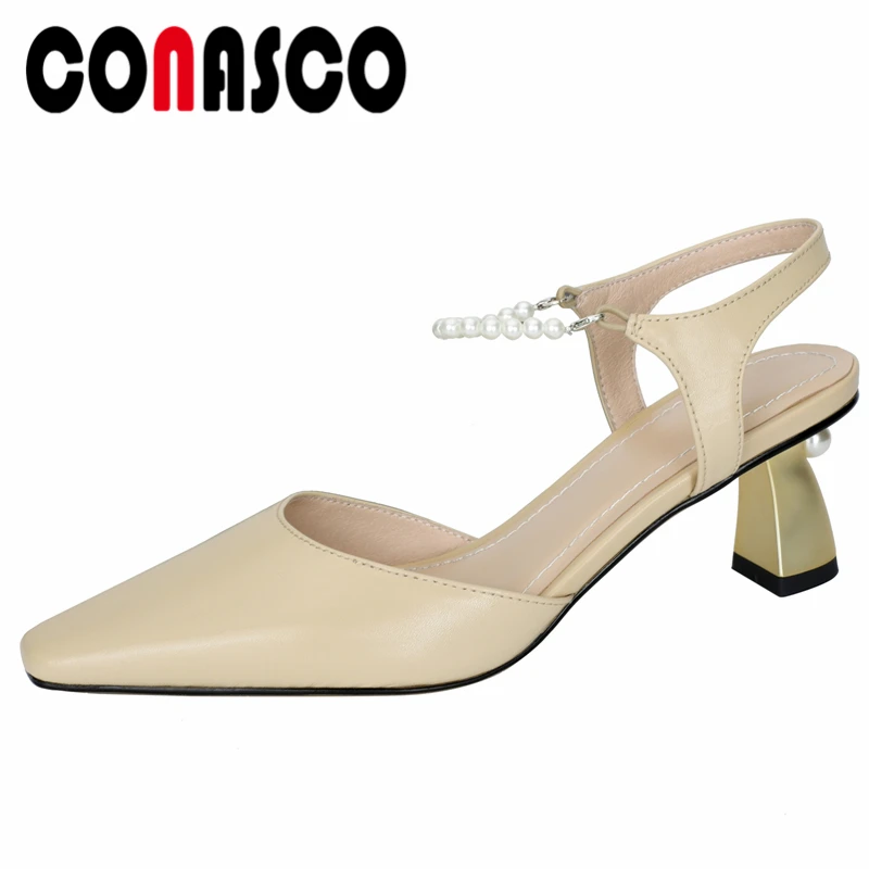 

CONASCO Concise Fashion Casual Women Sandals High Heels Genuine Leather Pumps Party String Bead Shoes Woman Spring Summer Newest