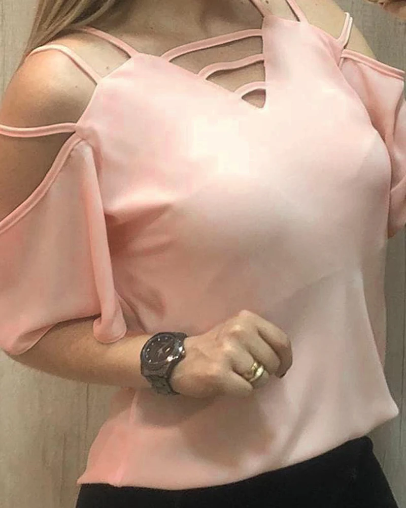 

2020 Summer Women Fashion Elegant Solid Ladder Cut Out Design Casual Top Hollow Out Short Sleeve