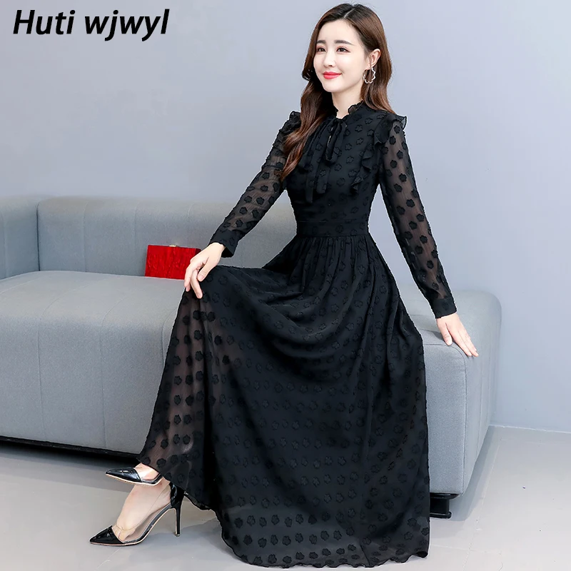 

2022 Chiffon Casual Boho Beach Midi Dress Autumn Vintage Long Sleeve Black Dress Women Elegant Bodycon Party Evening Maxi Dress