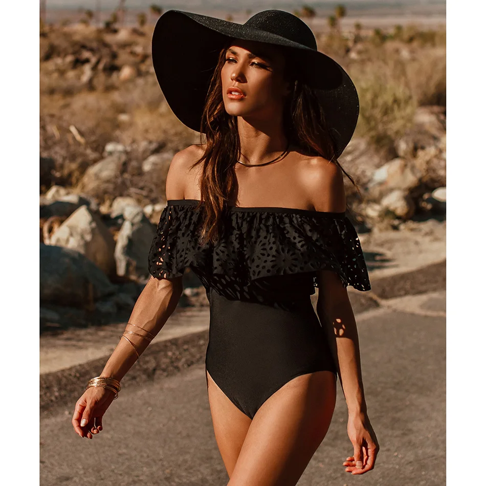 

2021 New Sexy Off The Shoulder Solid Swimwear Women One Piece Swimsuit Female Bathing Suit Ruffle Monokini Swim Wear XL