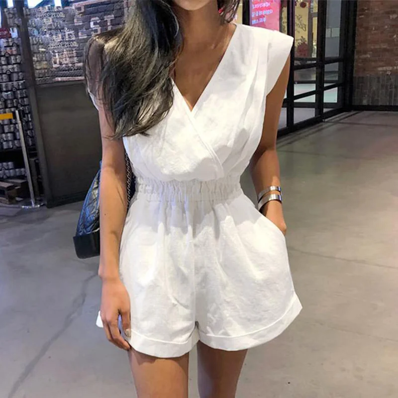 

2021 Women Short Playsuit V-neck Sleeveless Solid Backless Ladies Overalls Paysuits Large Size Loose Tunic Summer Casual Rompers