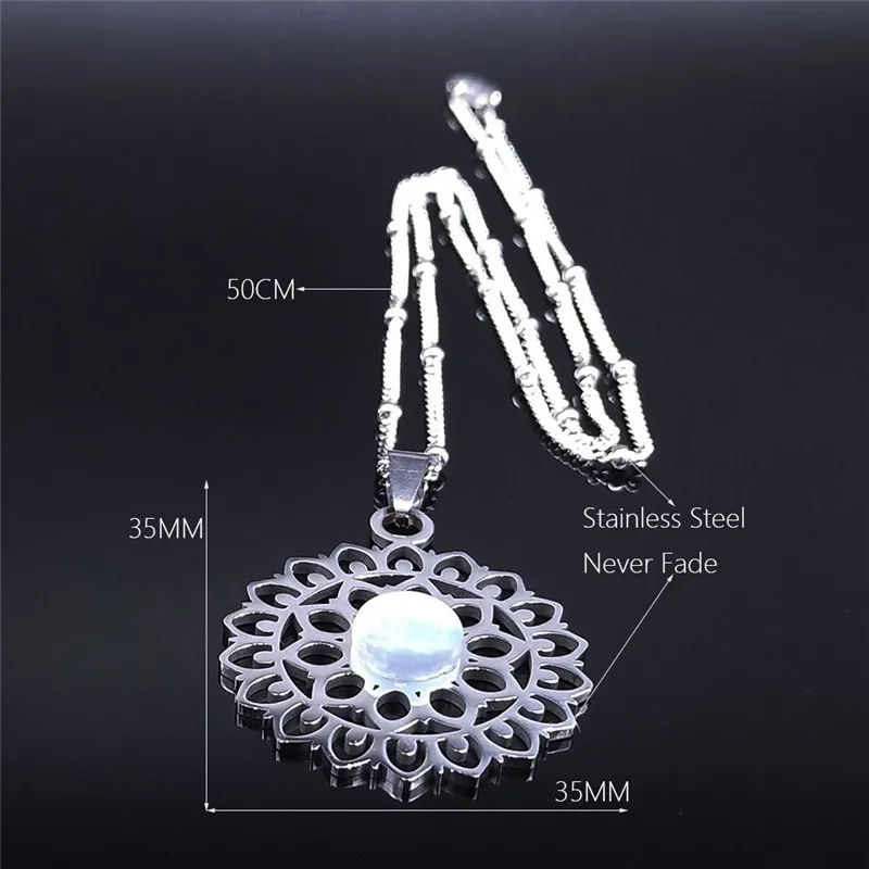 

2021 Flower of Life Moonstone Stainless Steel Chain Necklace Silver Color Bohemian Necklace Women Jewelry bijoux N4451S04