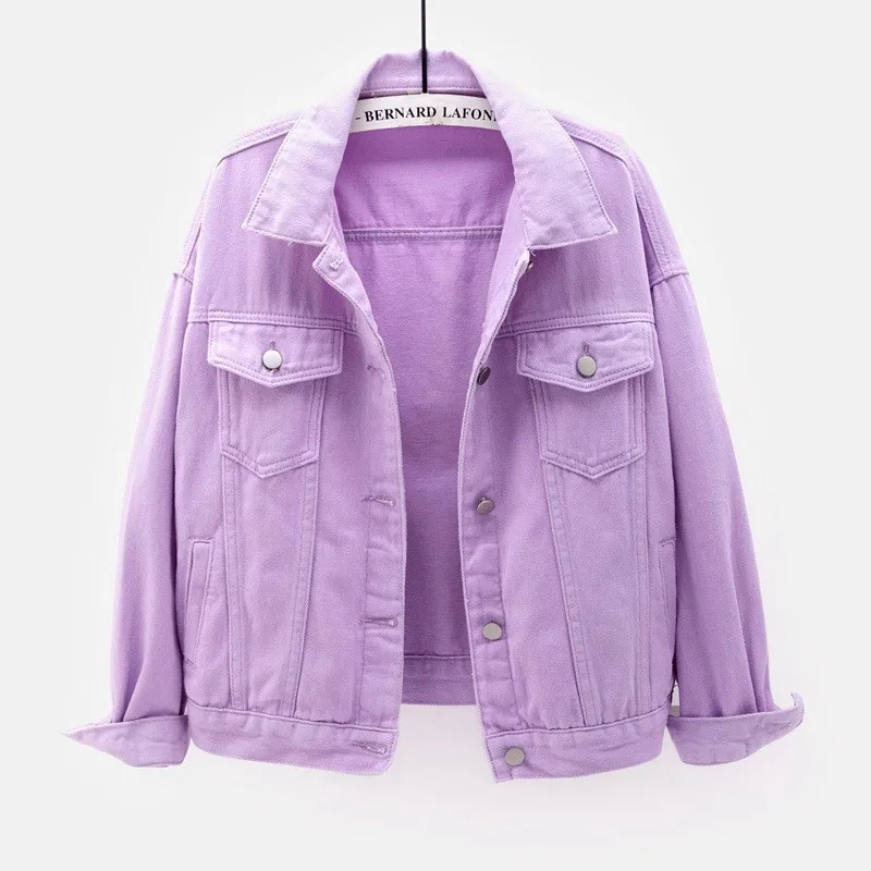 Women's Plus Size Denim Jacket Spring Autumn Short Coat Pink Jean Jackets Casual Tops Purple Yellow White Loose Outerwear