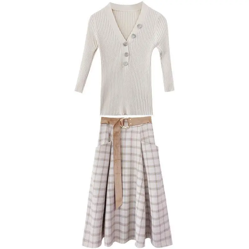

Women Spring Fashion Knitted 2 Piece Set Female V Neck Pullover Sweater + Plaid Skirt Sets Lady Slim Knitting Tracksuit F171
