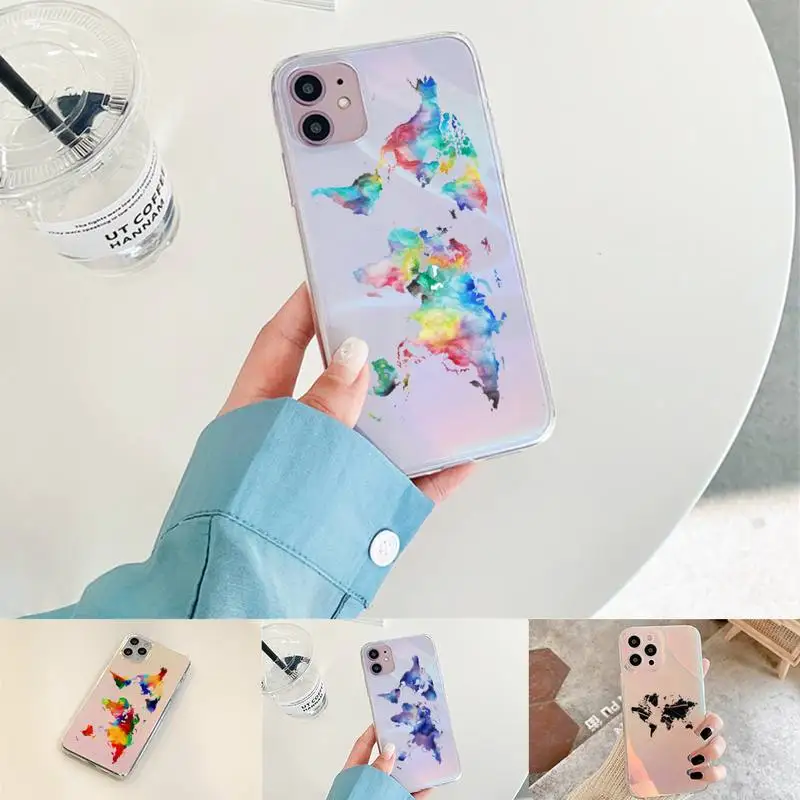 

World Map Travel creative art Phone Case for iPhone xiaomi redmi 7 8 9 11 12 10 S X XS XR MINI Pro Max Plus laser Transparent