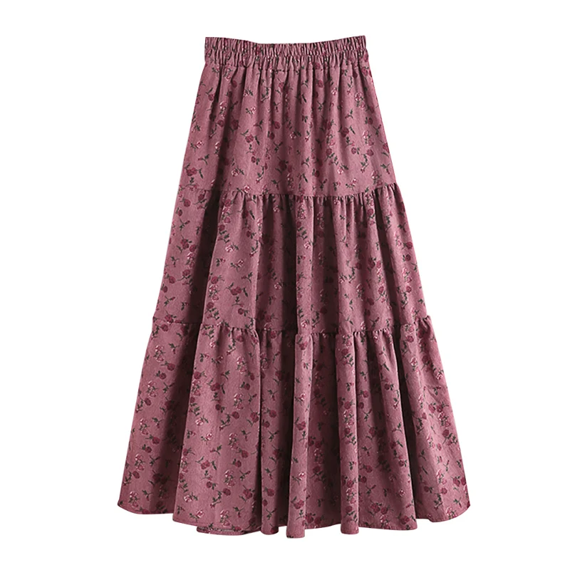 

F194 Elastic Waist Big Hem Corduroy Floral Print Skirt New Autumn Winter High Waist Skirts Women