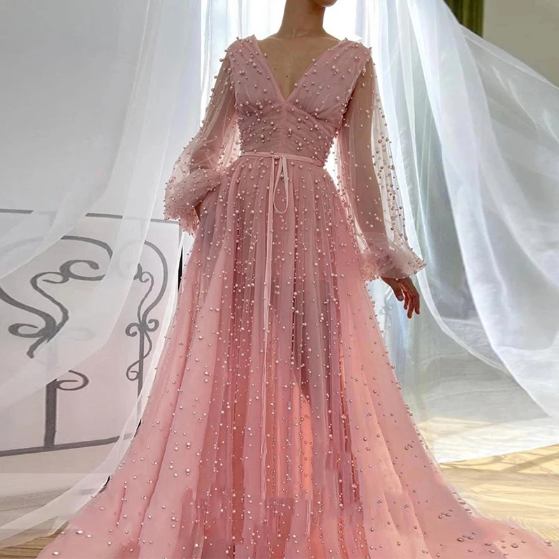 

Luxury V Pink Tulle A-Line Prom Dresses Pearls Long Puff Sleeves Pleated Ladies Evening Party Gowns with Sash Special Occasion