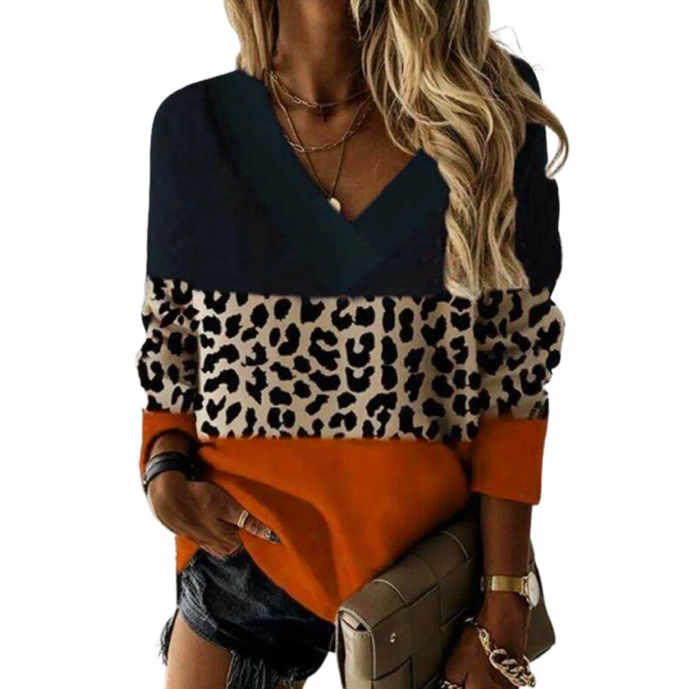 

Women V-Neck Casual Leopard Print Tops Long Sleeve Spring Autumn Patchwork Pullover Knitted Loose Ladies Female Casual T Shirt