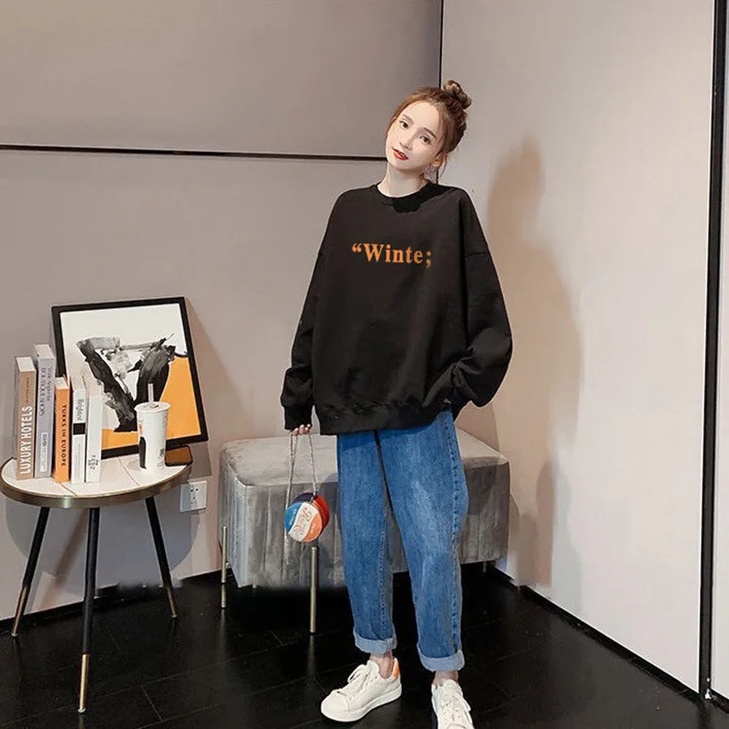 

Spring And Autumn New Sweater Women'S Tide Ins Long-Sleeved Tops Women Loose Round Neck Pullover Capless Mid-Length