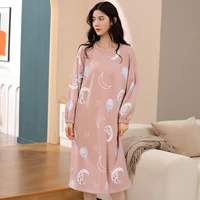cotton nightdress womens autumn long sleeve nightgown lady long knee length home clothes female sleepwear sleeping wear