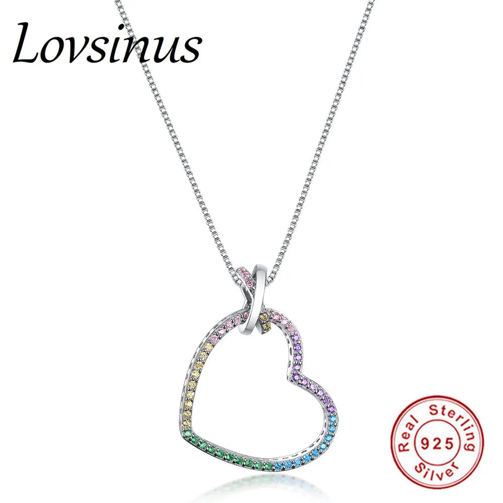 

Solid 925 Sterling Silver Ladies Rainbow Multi-Colour Love Heart Pendant Necklace With Silver Classic Box Chain 45cm Long Chain