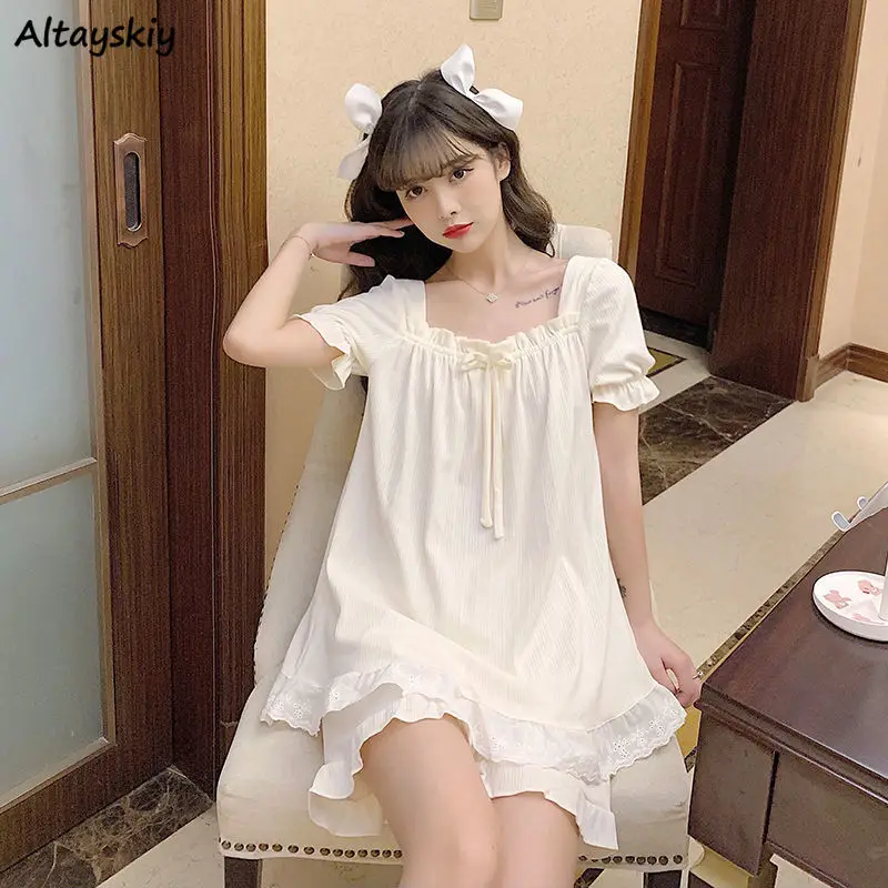 

Pajama Sets Women Summer New Solid Soft Elegant Loose Lace Pleated Korean Style Female Sleepwear Leisure Lace-up Ladies Homewear