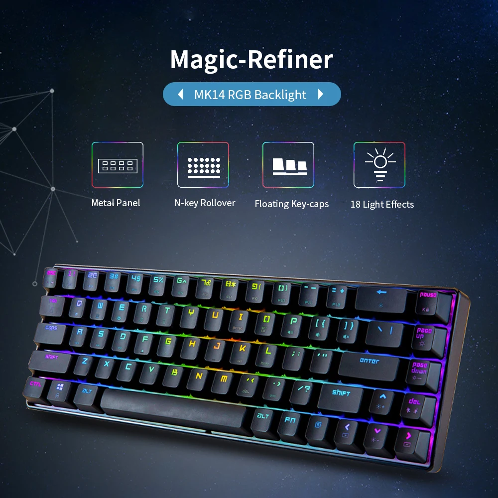 Magic-Refiner Gaming Mechanical Keyboard MK14 RGB Backlight 68 Keys Blue Axis Metal Panel N-key Key Board Wired Gamer Keyboards |