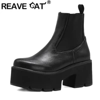 reave cat new 2021 women ankle boot round toe 7cm block heel platform chelsea slip on classic big size 35 44 casual spring a3400