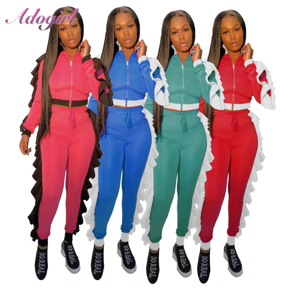 

Casual Ruffles Two Piece Set Fitness Women Outfit Matching Set Solid Full Sleeve Zipper Short Jacket Coat Pants Jogger Tracksuit