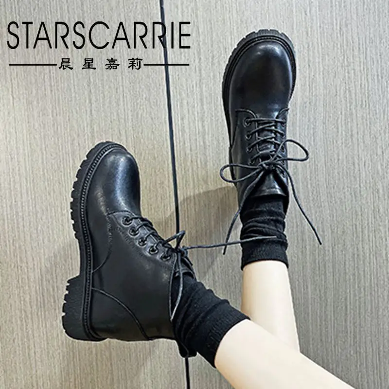 

Riding boots women's autumn and winter 2021 new British style leather inner high-rise small short boots women's motorcycle boots