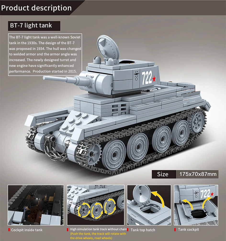 462 шт. военный советский BT-7 светильник Танк солдат строительные блоки WW2 Танк оружие аксессуар кирпичи армейские игрушки для детей Подарки