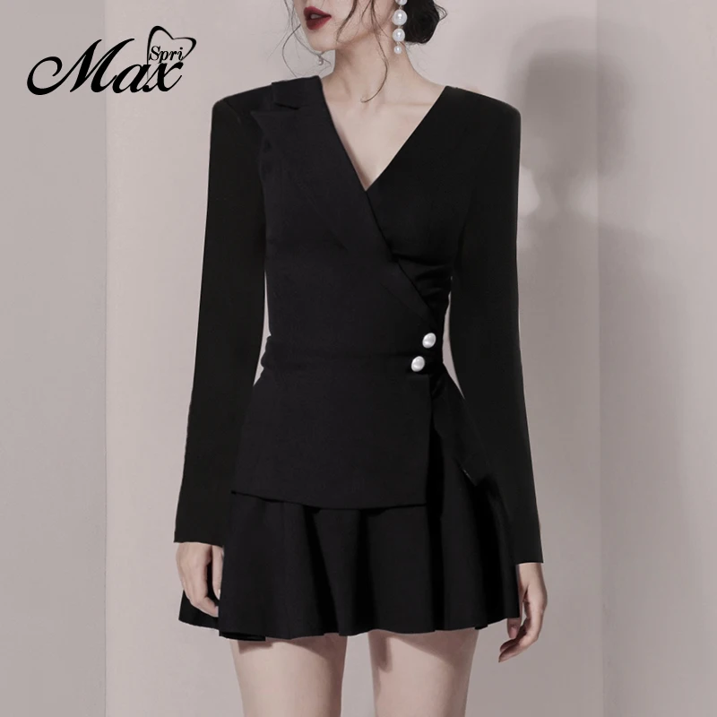 

Max Spri Women Trendy V Neck Long Sleeve Top Slim Ruffles Mini Skirt Black Two-Piece Set 2019 Autumn New Office Lady Suits