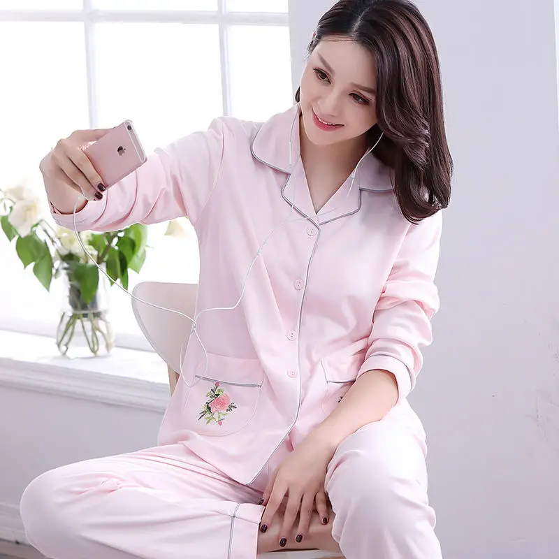 100% Cotton Spring Women pajamas Set sleepwear for women pijamas pyjamas women Long Sleeve Nightwear Cute muje