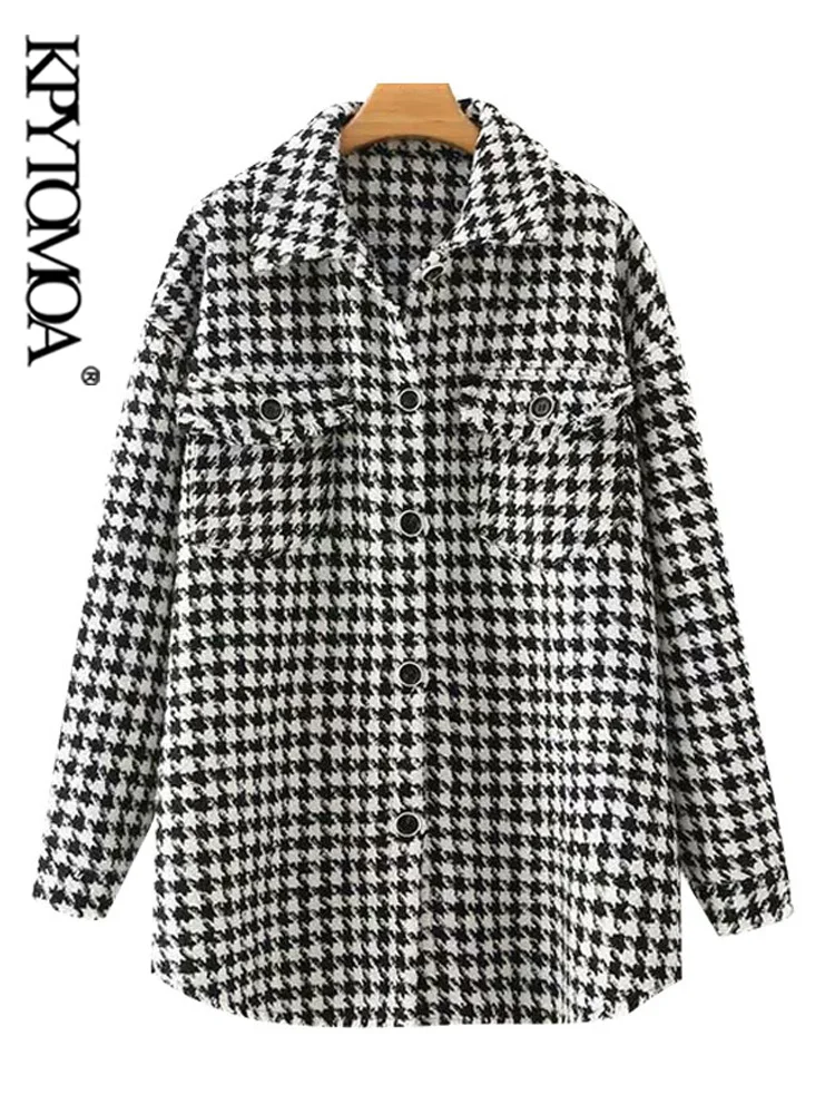

KPYTOMOA Women Fashion Oversized Houndstooth Frayed Tweed Jacket Coat Vintage Long Sleeve Pockets Female Outerwear Chic Top