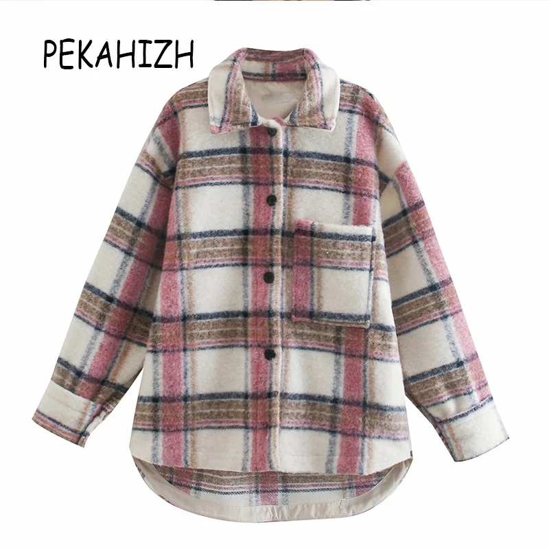

2021 Spring Fashion Slim Long Slvve Pink Jacket Coat Women ZA Vintage Lapel Plaid Oversize Jacket Coat Famale Outerwear Chic Top