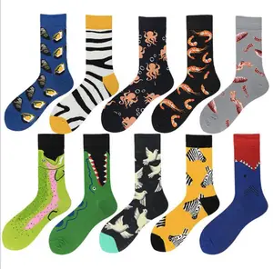 Носки мужские из хлопка, дышащие, с принтом крокодила, зебры, морепродуктов, для уличного скейтборда, креативные забавные, 1 пара