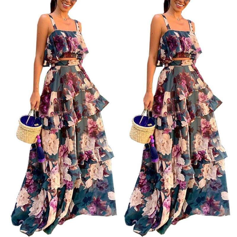 Женское длинное платье в пол красное пляжное без бретелек с цветочным принтом