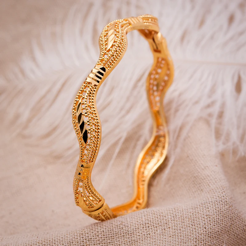 

24K 1pcs bending Ethnic Gold Color Dubai Bangles Ethnic Wedding Luxury Bangles&Bracelet Women Girl Bride Cuff Dubai Bangles