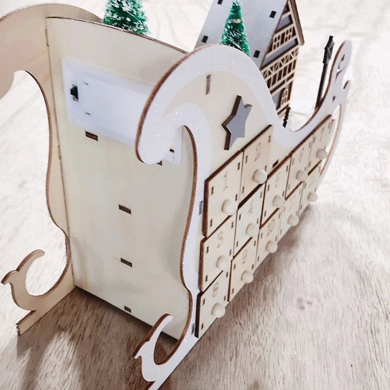

Tree House Sleigh Wooden Advent Calendar Countdown Christmas Party Decor 24 Drawers with LED Light Ornament