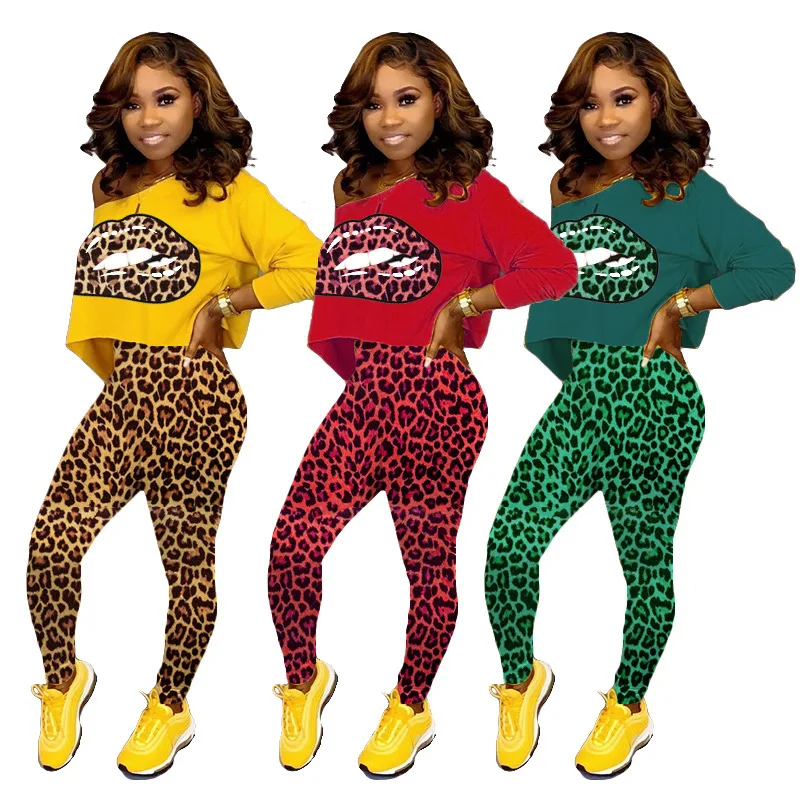 Brand fashion colorful lip print sexy women set lady autumn winter long sleeve 2 pieces outfits for DA5100 |
