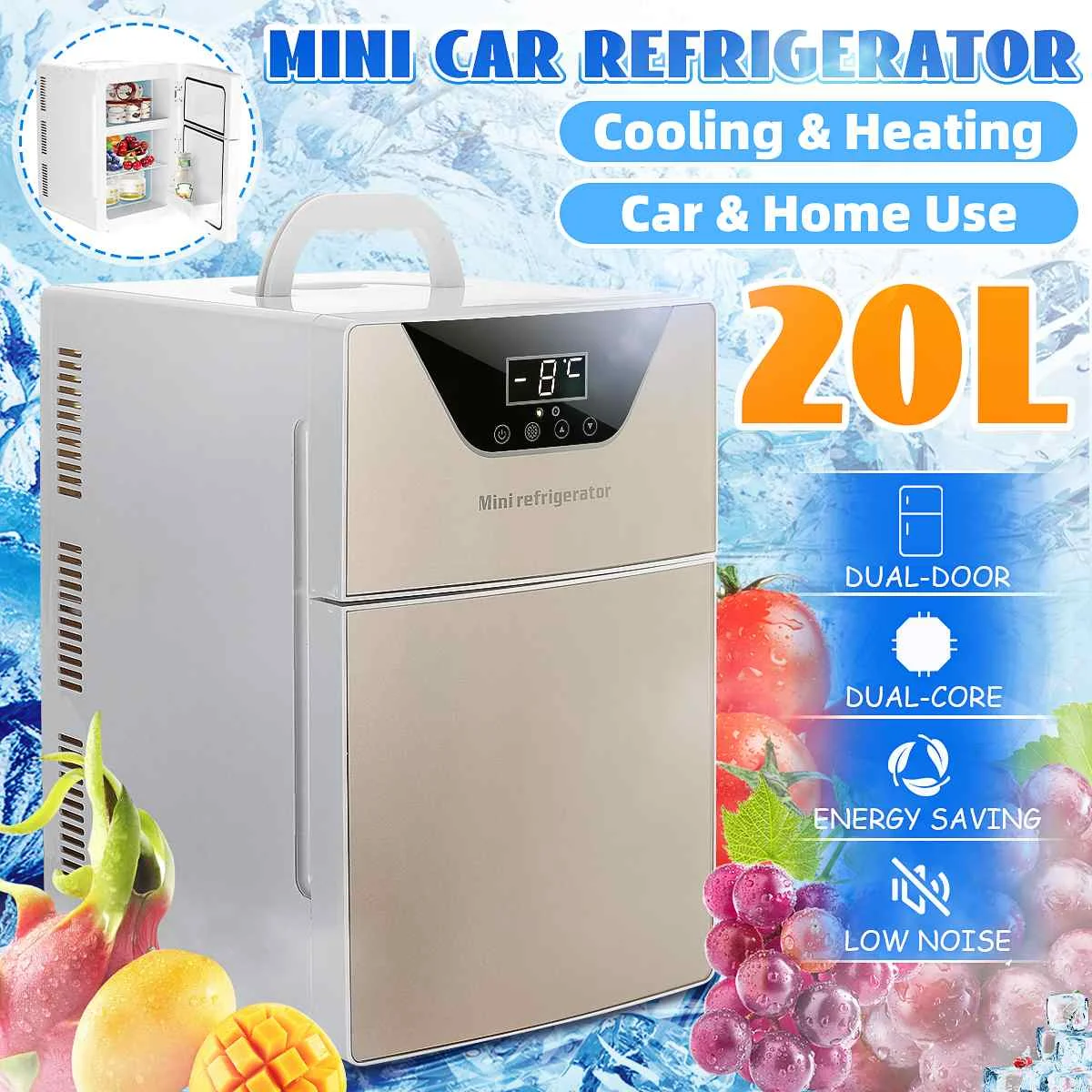 

20L Portable Fridge 12V Mini Refrigerator Cooler/Warmer Dual-use LED Display Freezer Car for Home Travel Camping with AC/DC Cord