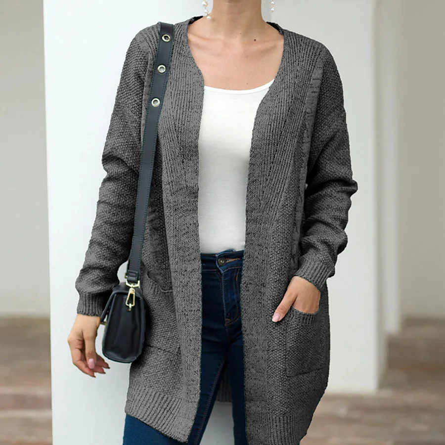 

Women's Wool Knitted Cardigan Fall Winter 2019 New Open Stitch Mid-Length Tunic Ribbed Sweaters Mujer Cardigans Coat Pull Femme