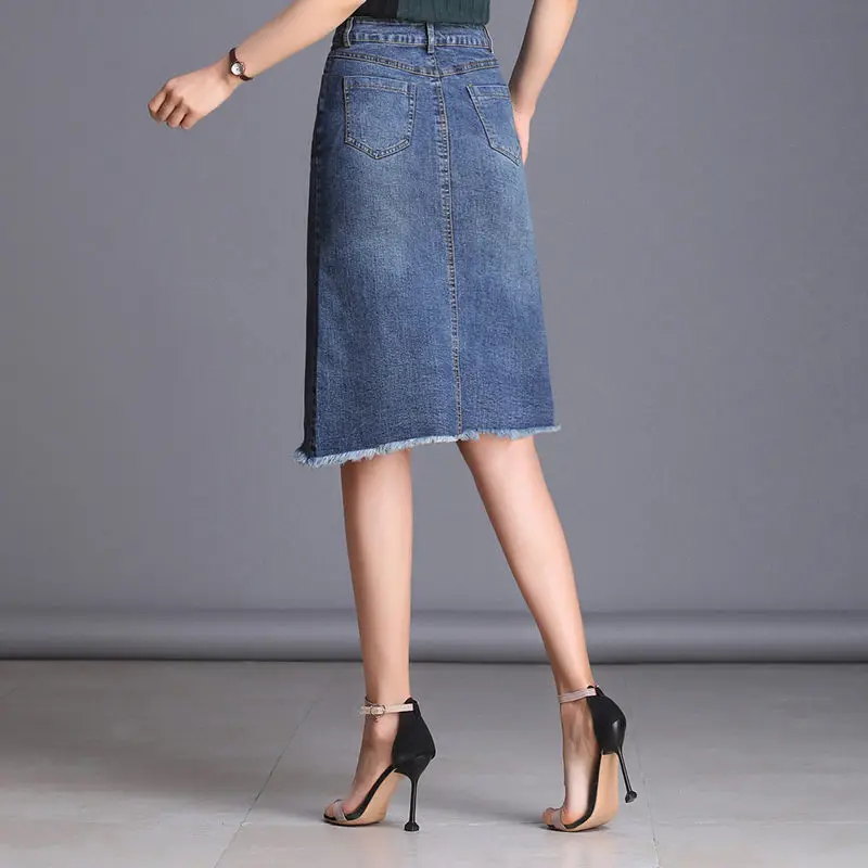 Эластичная джинсовая юбка женская летняя модная с высокой талией размера плюс
