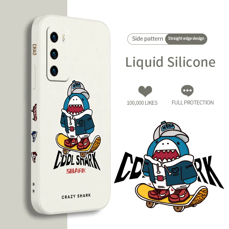 

Lovely Shark Phone Case For Huawei P40 P40Lite P30 P20 Mate 40 40Pro 30 20 Pro Lite P Smart 2021 Y7a Liquid Silicone Cover