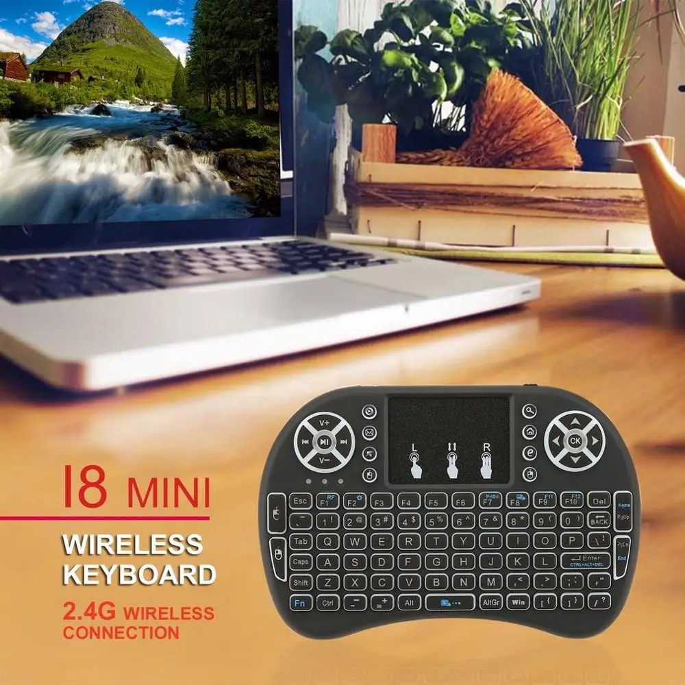 

2.4GHz Mini Wireless Remote Keyboard with Touchpad Mouse for Android TV Box Colourful LED Backlight Rechargable Li-ion Battery