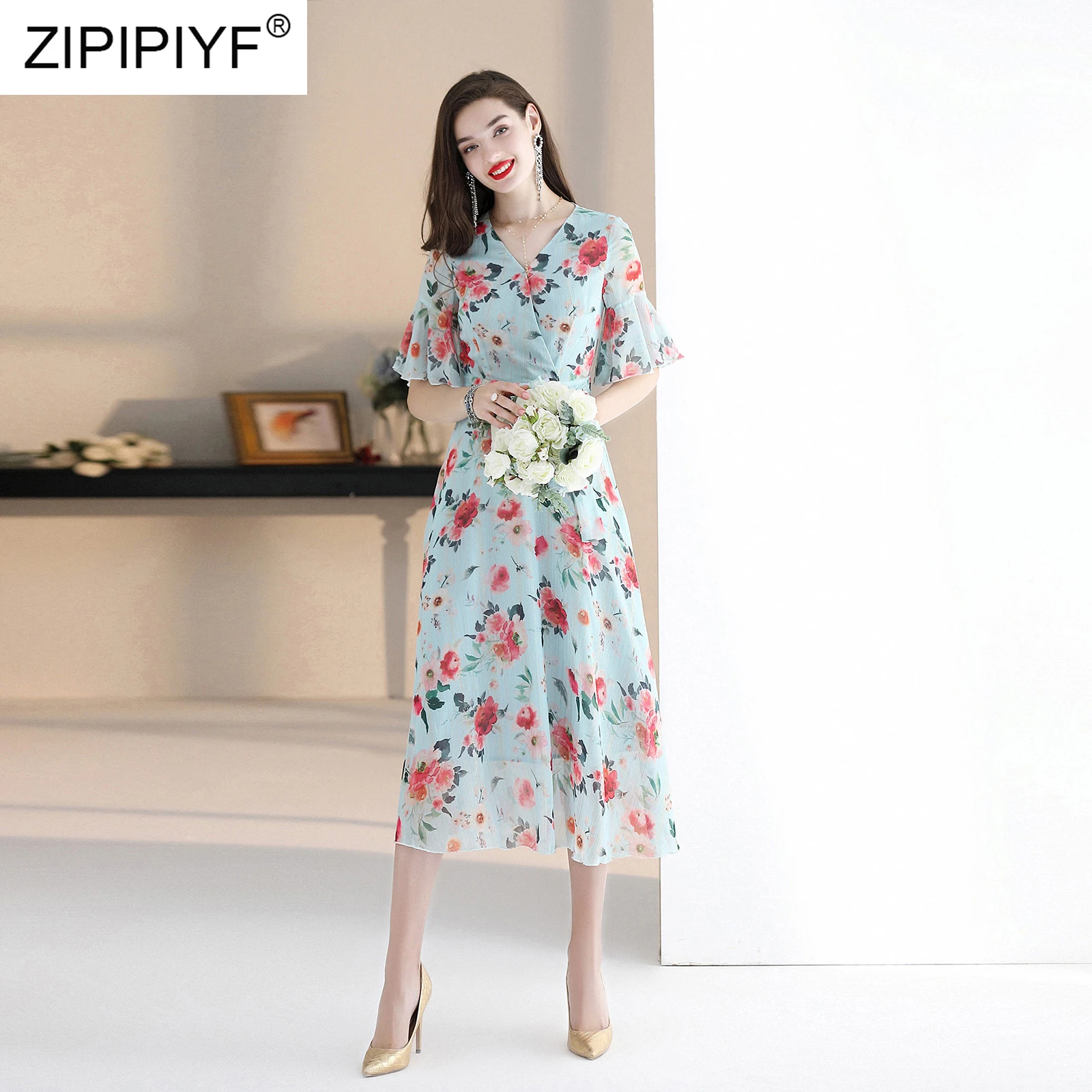 

Женское шифоновое платье с коротким рукавом-бабочкой, длинное пляжное платье с V-образным вырезом и цветочным принтом, Y61, лето 2020