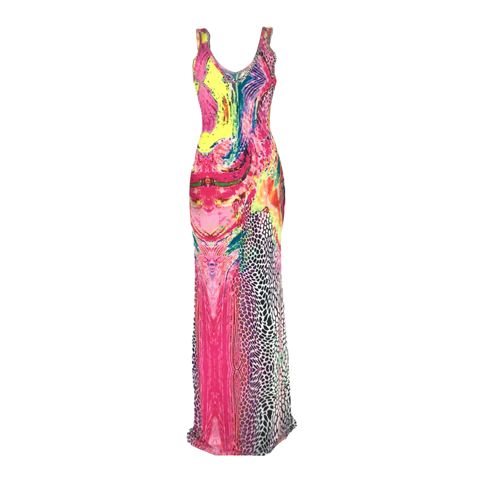 

40# Sexy Floral Sleeveless Long Tank Dress Women Summer Boho Patchwork Sundresscasual Slim Low Cut Dress Women Beach Vestidos