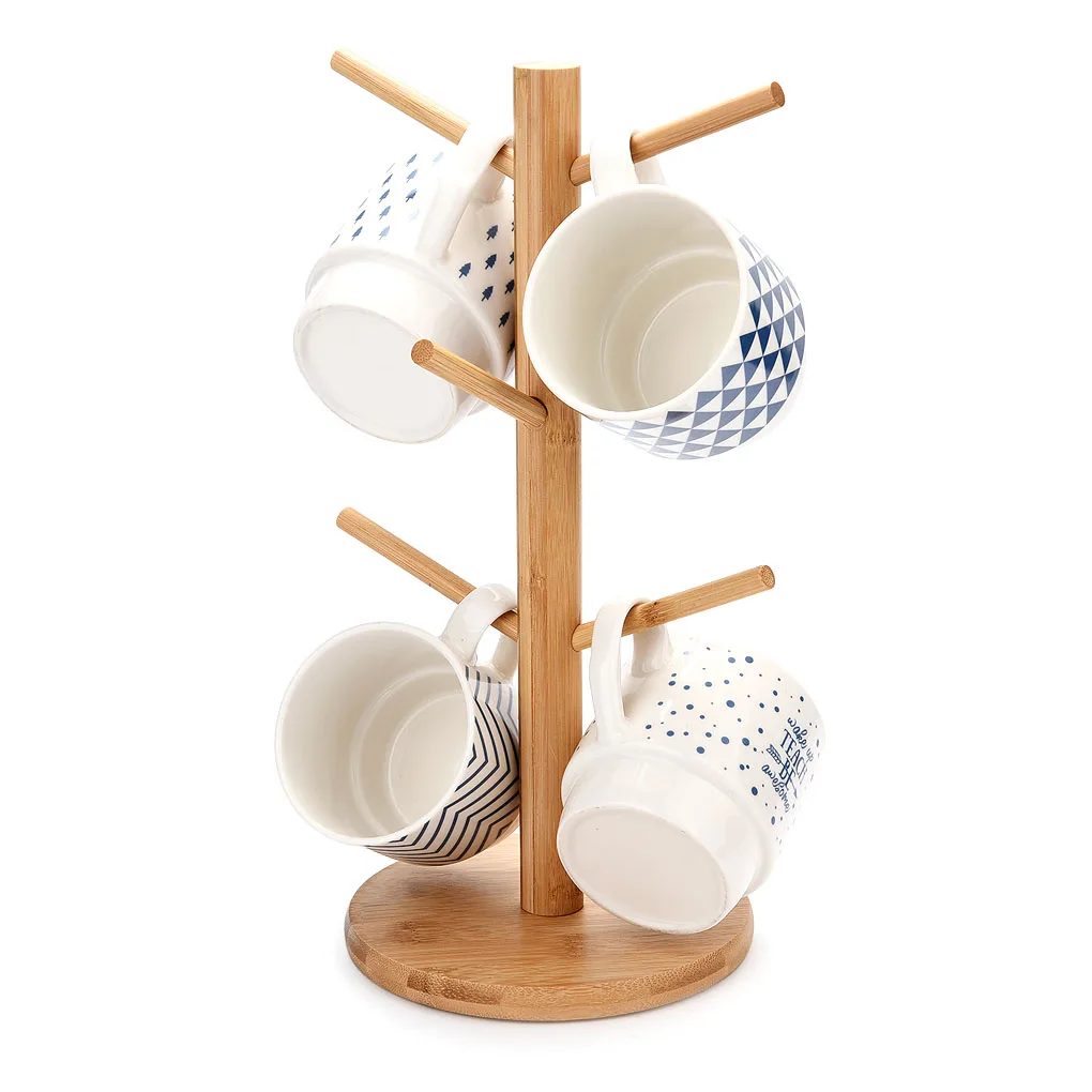

Tree Shape 6 Hooks Wood Cup Holder Coffee Mug Display Storage Rack Kitchen Wooden Drainer Shelf Organizer