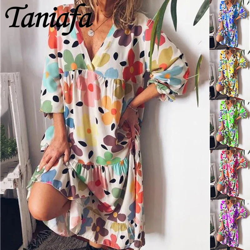 

2021 New Spring Summer Sexy V-neck Dress Fashion Flower Printed Casual Dress Loose Short Dress Plus Size