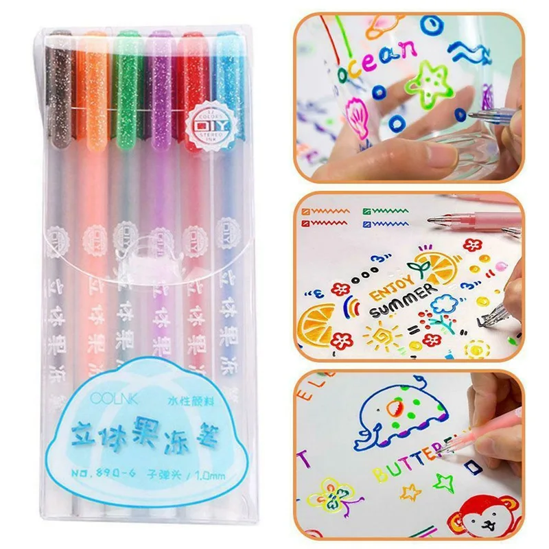 

6 PCs/Set Waterproof 3D Glossy Jelly Gel Ink Pen Set Brighten Up Handwriting Consistent Ink Flow Gel Pen For Artistic Expression