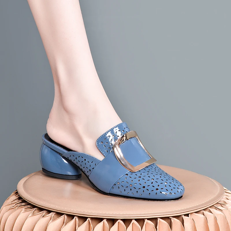 

2021 Summer Sandals Women Metal Decoration High Heels Shoes Woman Top Quality Genuine Leather Working Casual Women Shoes