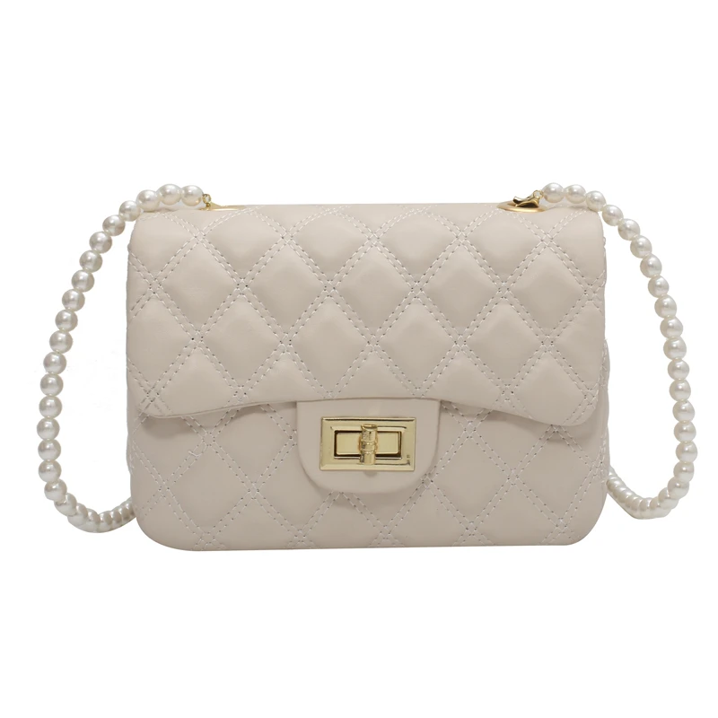 

Beading Pearl Design Chain PU Leather Crossbody Bags For Women 2021 Simple Luxury Small Fashion Shoulder Handbags and Purses
