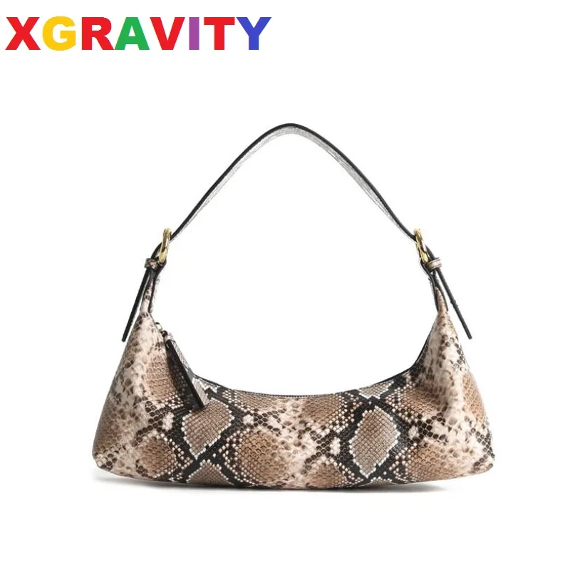 

XGRAVITY Snakeskin Cow Genuine Leather Bags Fashion Ladies Casual Big Baguette Serpentine Shoulder Handbags Women Bags H274
