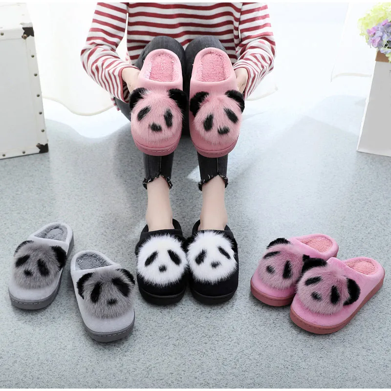 

Women Slippers Winter Slip On Short Plush Warm Cartoon Animation Panda Ladies Slippers Female Indoor Home Flat Comfortable Shoes