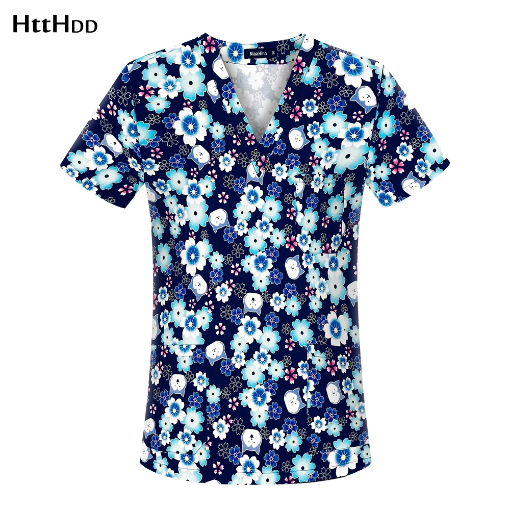 

Fashion Personalized Scrub Bathroom Workwear V-neck Print Leisure Top Hair Salon Beauty Salon Cotton Medical Scrub Workwear Top