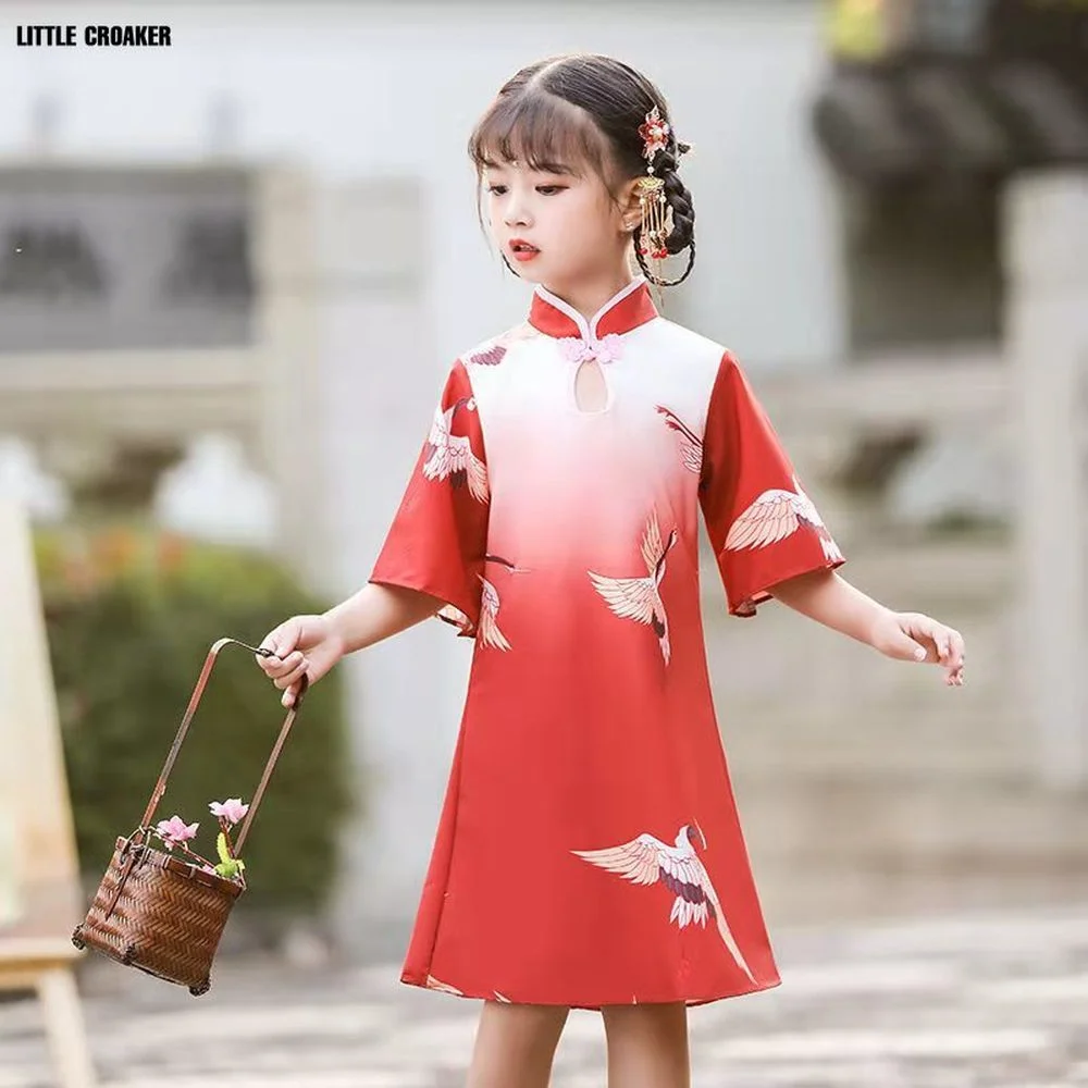 

Baby Girls' Cute Crane Qipao Dresses New Year Gift Kids Party Clothes Costume Children Chinese Half Sleeve Cheongsam Dress Wear