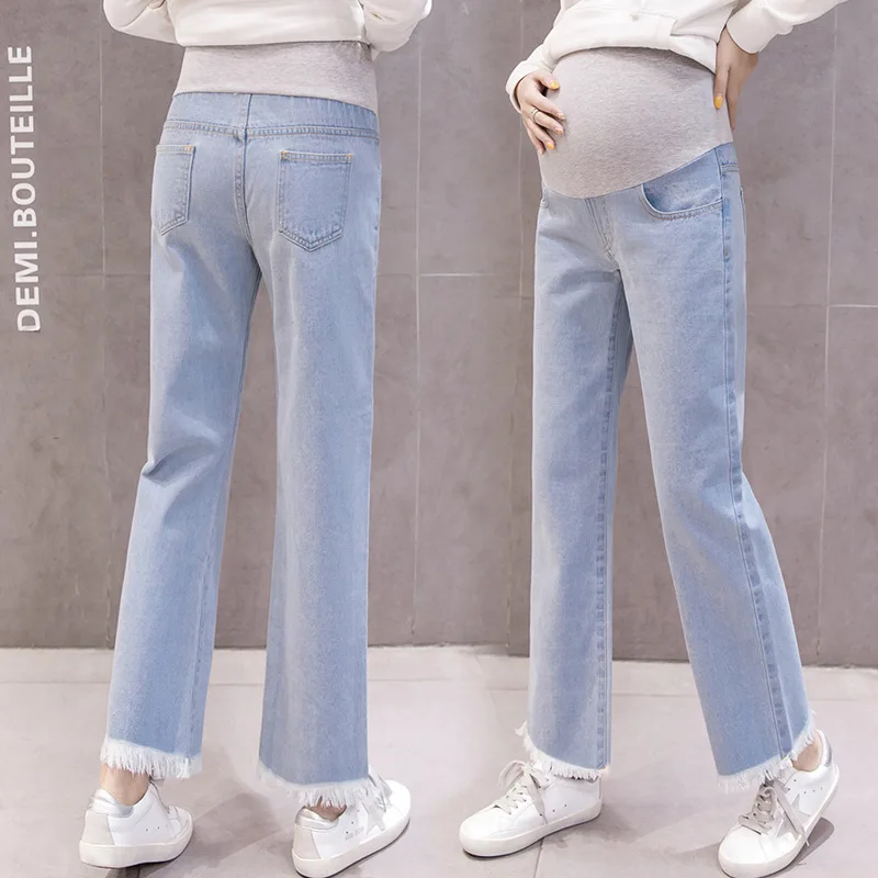 Spring Autumn Casual Women Maternity Pants Loose Pregnant Jeans Jeans Wide-Leg Straight Cowboy Pants Maternity Jeans Trousers