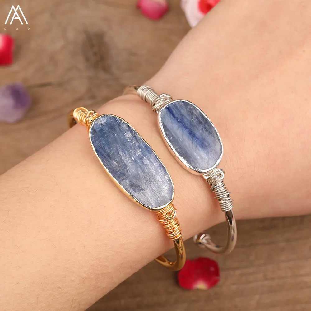 

Natural Blue Kyanite Stone Silvery Gold Slab Beads Charms Wire Wrapped Gold Copper Open Cuff Bangle Bracelet Jewelry For Women