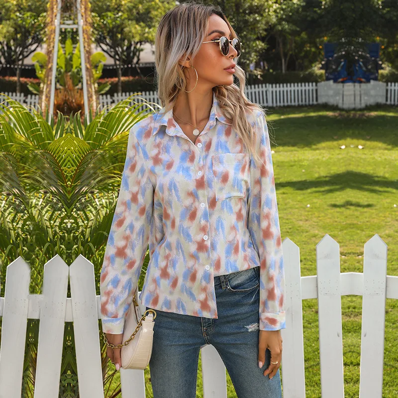 

2021 Spring Tie-dye Lapel Shirt Women Fashion Halter Lace White Women's Shirts Button Up Shirt Ladies Tops
