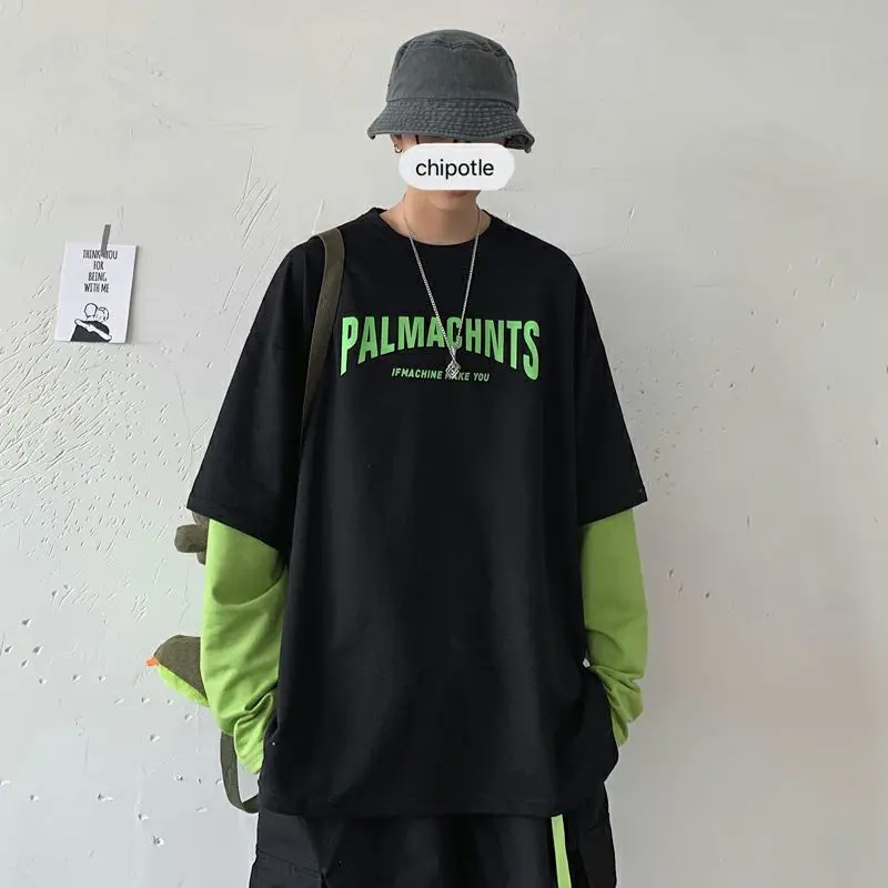 

autumn fake two-piece long-sleeved T-shirt for men women Korean trend versatile oversize bottoming shirt high street letter tops